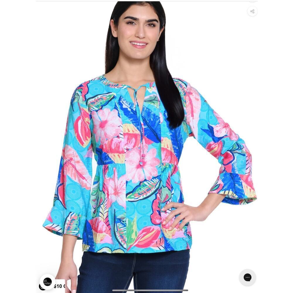 Ali Miles Print Flounce Sleeve Top Size M Resort Cruise Wear Blue Floral NEW